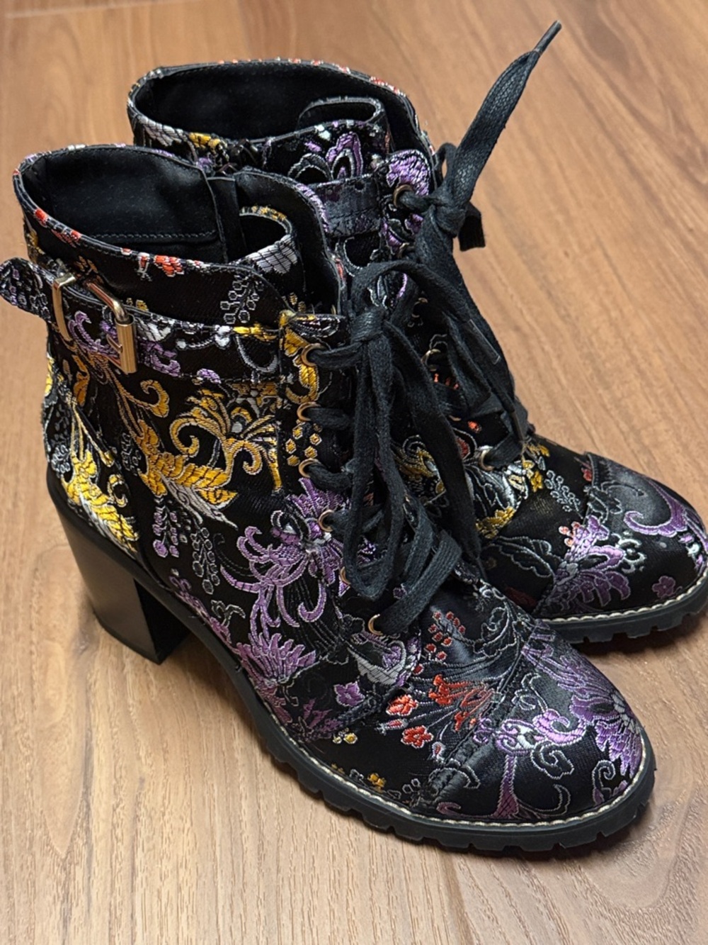Diba Black Floral Brocade Lace-Up Block Heel Ankle Boots Size 10